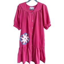 Vintage Models Coat Pink Floral Applique Snap Front House Dress Duster Size 14
