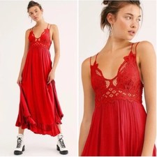 Free People FP One Adella Maxi Slip Dress Bright Red Lace Ruffle Hem Boho Chic S