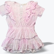 LoveShackFancy Tiered Mini Dress Ruffle Pink Tie Dye XL Swiss Dot Lace Trim