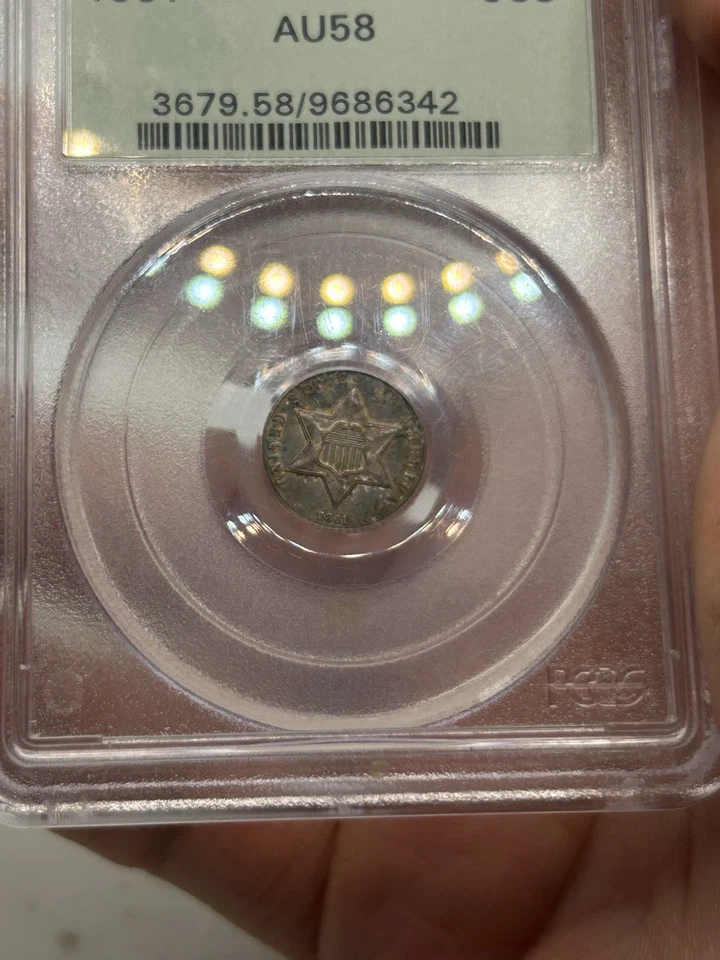 1861 U.S. 3 Cents 3CS THREE PCGS AU58 OGH! Tough Date! Nice Color & Eye Appeal** - Image 3 of 4