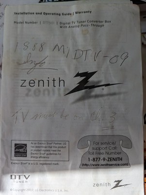Zenith DTT901 DTV Tuner Converter Box Manual Installation and Operating Guide
