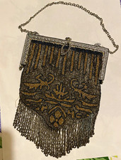 Vintage Art Deco Beaded Metal Frame Evening Purse w Chain Strap, Black/Gold