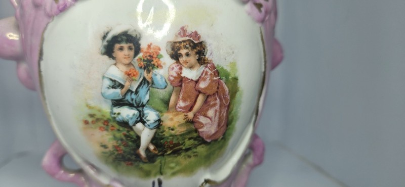 Antique German Porcelain Basket Floral Victorian Children Scene Trinket Dish