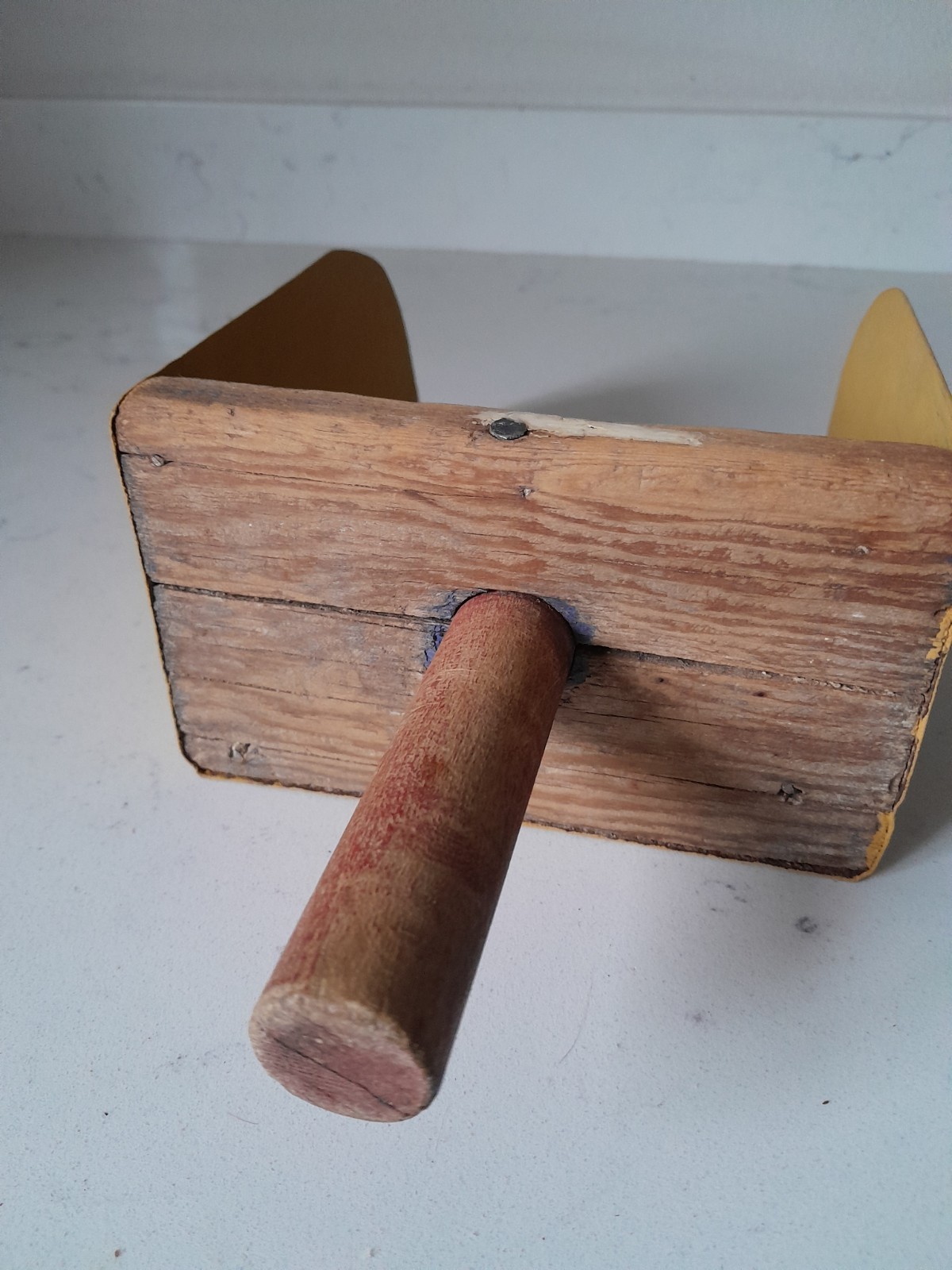 Antique Primitive Feed Scoop Yellow Metal with Aged Wooden Handle Farmhouse 