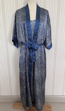 Vtg Contessa Di Roma Blue Snake Print Satin-Trim Long Robe  Nightgown Set Sz M