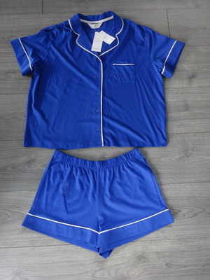 M&S MARKS & SPENCER COBALT COTTON MODAL PYJAMA SET WITH SHORTS SIZE S UK 8-10