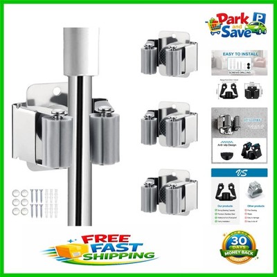 3PCS Heavy Duty Stainless Steel Broom & Mop Holder - Wall Mounted Utility Rack