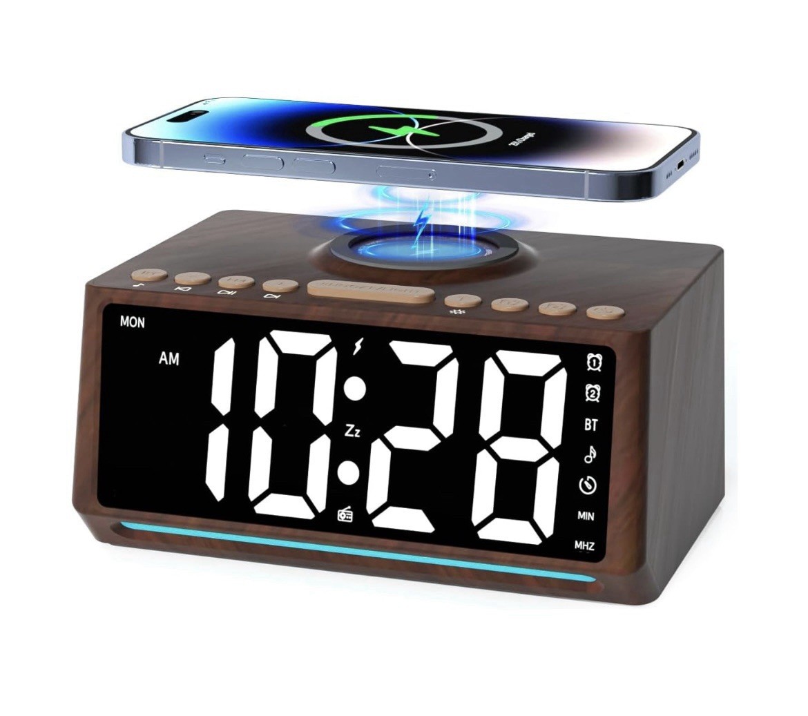 Retro Wooden Style Alarm Clock Radio With Charging Dock Bluetooth Large Numbers