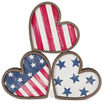 Vintage 4th of July Decorations Wooden Hearts Set of 3, Wood Heart Blocks Mem...