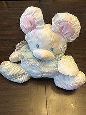 Vintage 1988 Fisher Price Puffalump Mouse Baby Plush Rattle Pastel Pink Blue