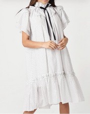 Hunter Bell White Black Dotted Windsor High Neck Cottage Core Dress Retired M