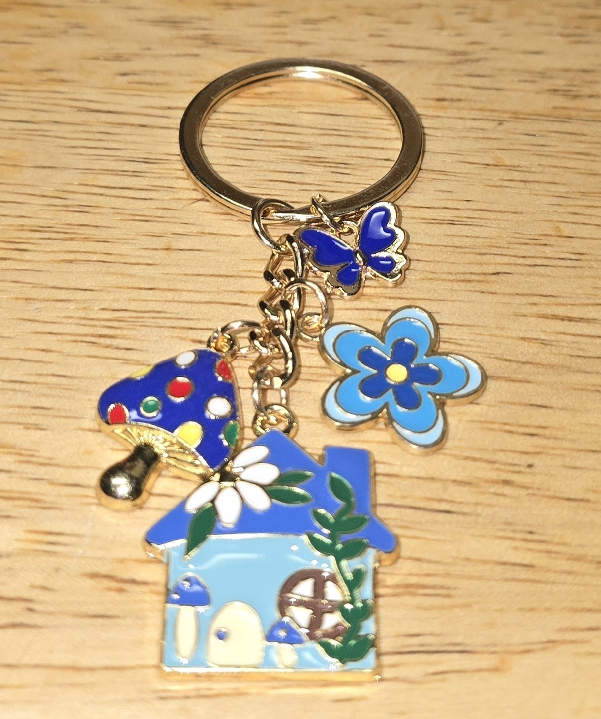 Blue Enamel Mushroom Butterfly Keychain Charm