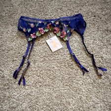 Savage X Fenty Blue Floral Embroidered Lace Garter Belt Adjustable Strap XL