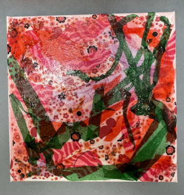 Art Collage Original By Joan Aaronson 10  X 10  Spring 22 Red Pink Green Floral