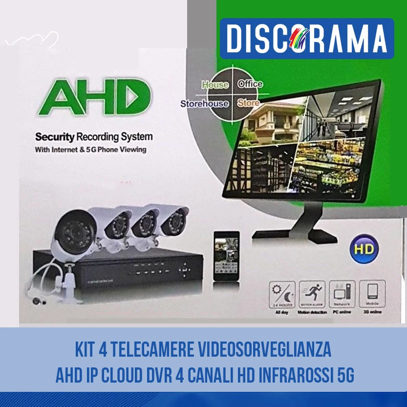 KIT 4 TELECAMERE VIDEOSORVEGLIANZA AHD IP CLOUD DVR 4 CANALI HD INFRAROSSI 5G