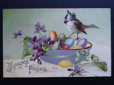 Französische Ostergrüße JOYEUSES PAQUES bunte Eier & Vogel um 1904 Postkarte