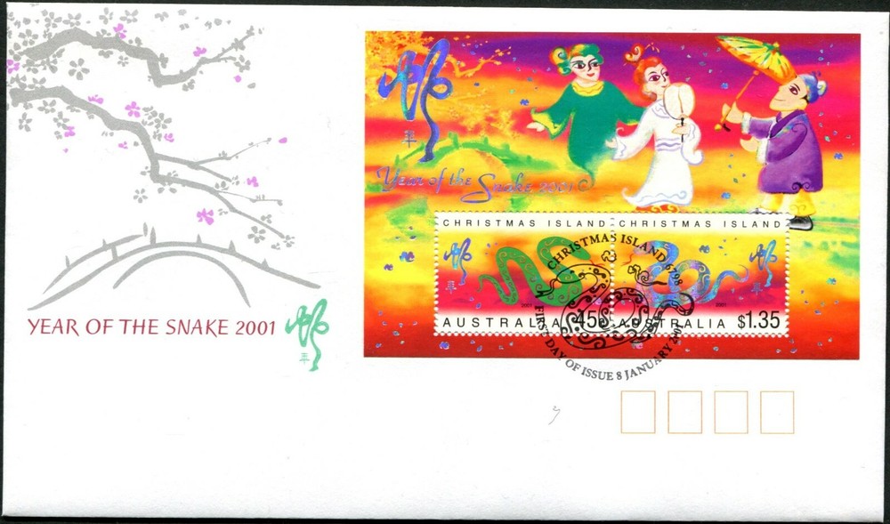 2001 Christmas Island Year Of The Snake Mini Sheet FDC, Mint Condition
