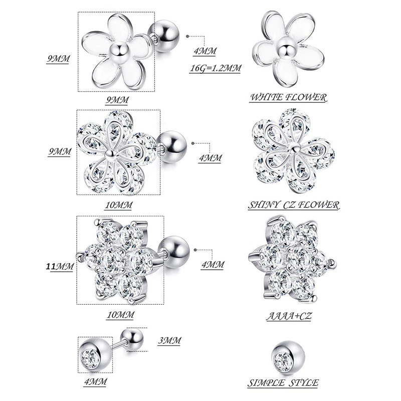 2PCS 16G CZ Ear Stud Ring Ear Tragus Labret Lip Pin Ring Body Piercing Jewelry - Image 4 of 4