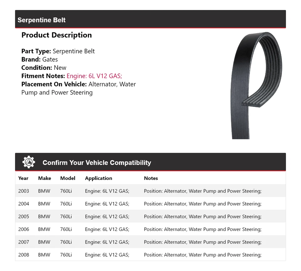 For 2003-2008 BMW 760Li Serpentine Belt Gates 2004 2005 2006 2007 - Image 2 of 4
