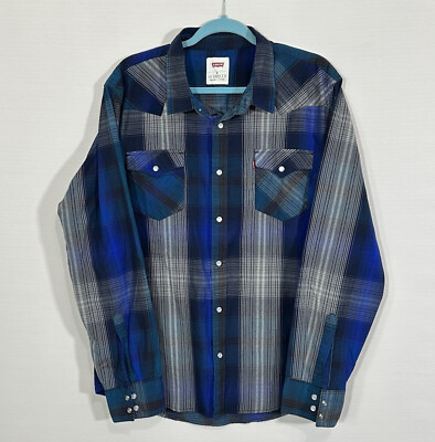 Levi's gray/blue/green snap up long sleeve western plaid collared shirt Men's XL