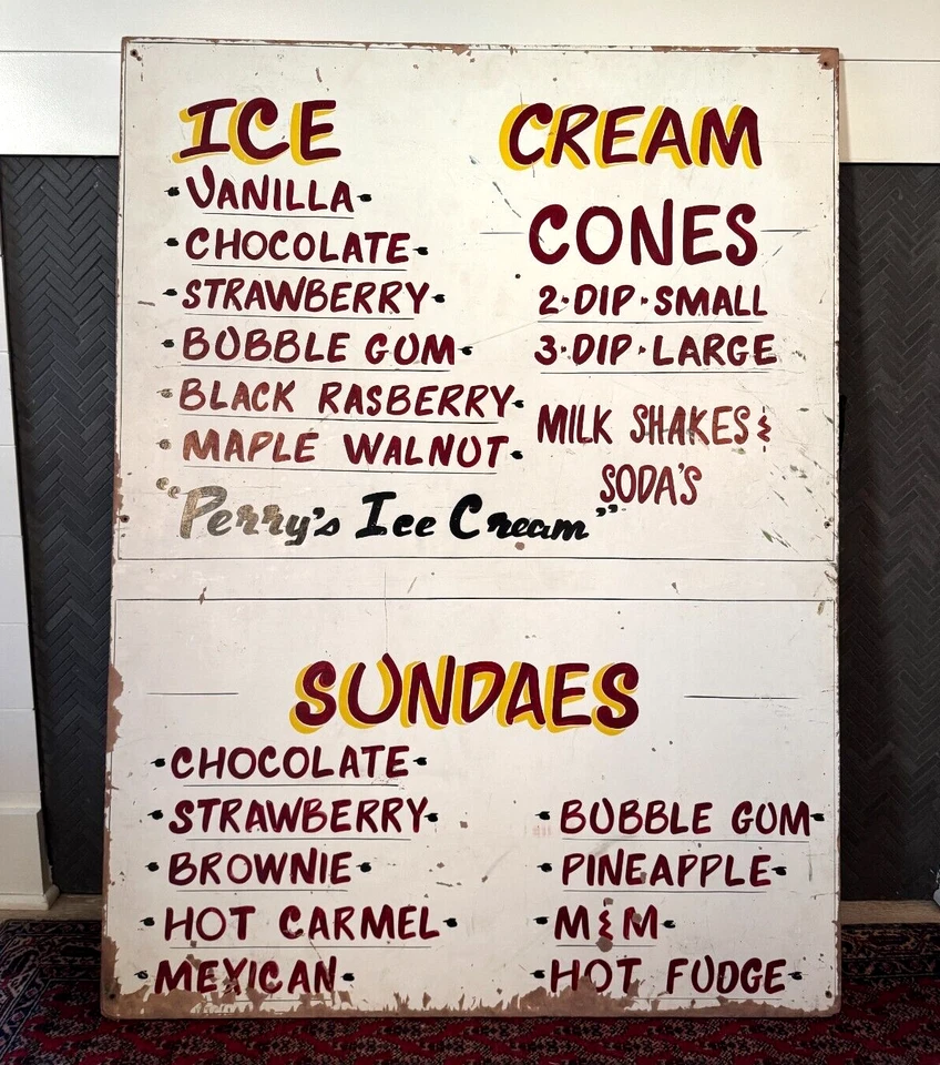 Letrero vintage de tienda publicitaria de madera pintada Perry's Ice Cream Americana Foto 2 de 4