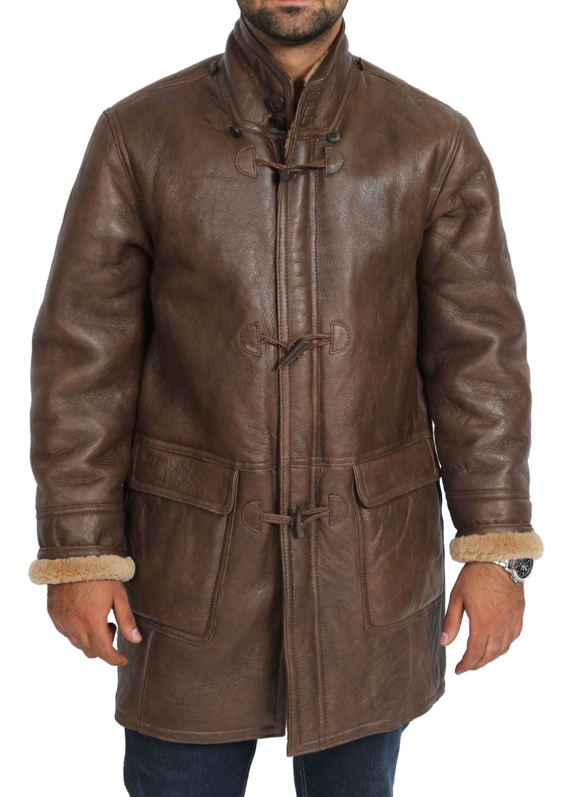 Mens Real Sheepskin Duffle Coat Brown 3 