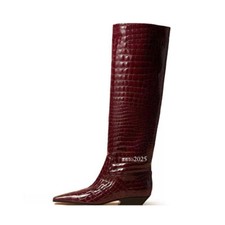 New Women Genuine Leather Pointed Toe Low Heels Knee High Boots Pull on Shoes Sz