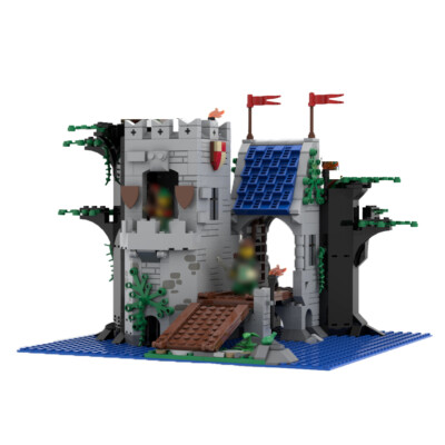 Old Abandoned Tower with Two Section Drawbridge, Dock and Boat 766 teile MOC