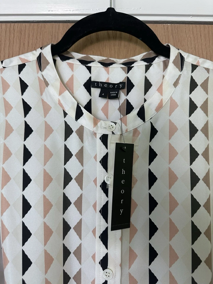 Theory 100% Silk Shirt Dress SIZE 4 Long Sleeve Diamond Print Slit Side 455$MSRP - Image 3 of 4