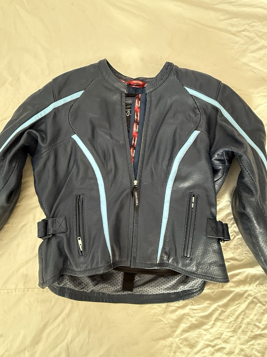 Teknic Daytona womens Sz 10 Leather Motorcycle Riding Jacket No Liner Blue  Pad
