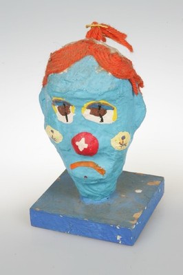Mid Century Hand Painted Folk Art  Clown Head Plaster & Paper Mache Sculpture 