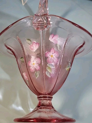Fenton Translucent Pink Chiffon Bridal Basket Twisted Rope Handle Textured EUC