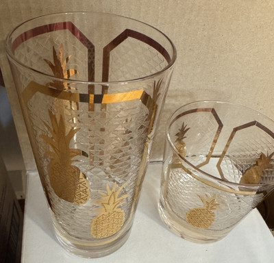 11 Pcs Gold Pineapple & Etched Triangle Highball Glasses MC Barware 22Kt Vintage