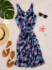 Hilo Hattie Y2K Poly Sleeveless Blue Purple Tropical Light Hawaiian Dress. Large