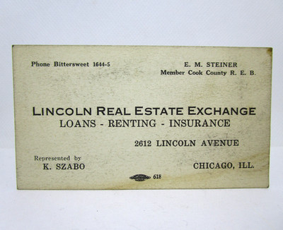 Vintage Chicago E M Steiner Lincoln Real Estate Exchange Business Trade Card