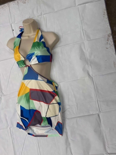 Women’s Halter Mini Dress Large Cut-Out Summer Abstract Multi-Colour Bodycon image 6