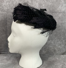 Vintage Black Velvet Pillbox Hat Birdcage Veil Union Made Fascinator 1950s READ
