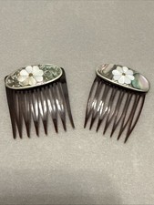 Vintage Pair Of Silver Abalone  Mother of Pearl Flower Inlay Hair Combs