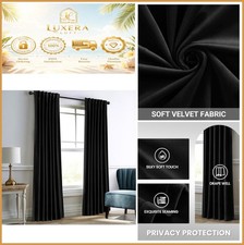 Velvet Curtains Black 108 Inch Long 2 Panels Room Darkening Back Tab Thermal