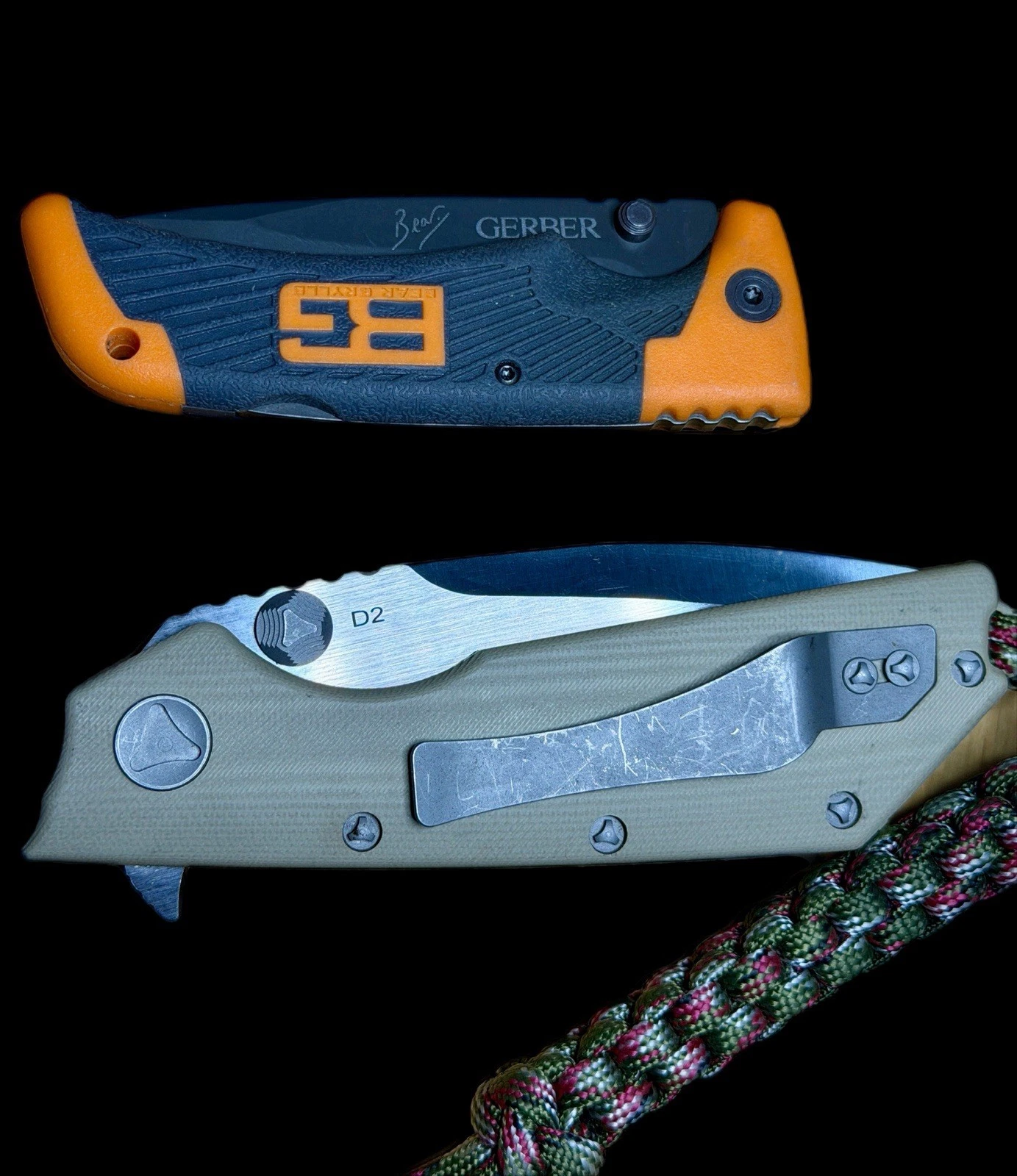 D2 Tactical w/ Lanyard + Gerber Bear Grylls - Dual EDC Folding Knife Bundle