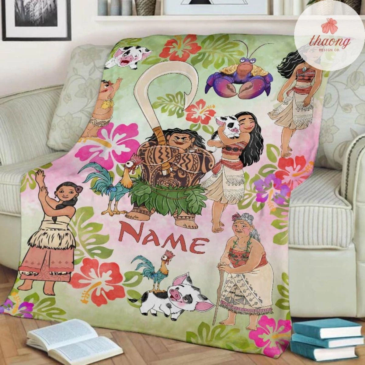 Personalized Disney Moana Princess blanket, Moana Maui Hei Hei Pua Blanket