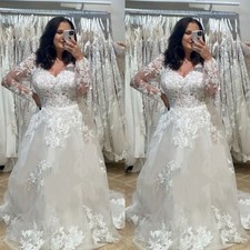 Plus Size Wedding Dresses Lace Appliques Long Sleeves V Neck Tulle Bridal Gown