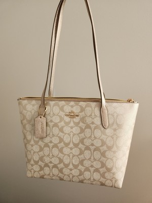COACH CW396 Fiona Zip Tote Bag Signature Canvas & Metallic Leather