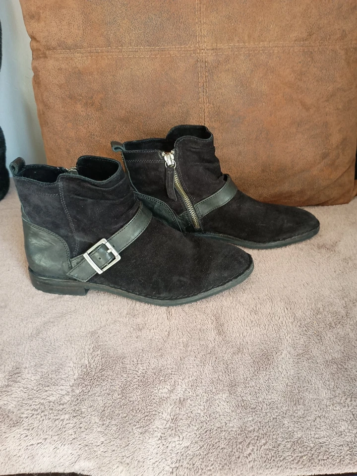 Botines Trask Selma Negro Gamuza Cuero Botines Cremallera Hebilla Moto Western Mujer Foto 2 de 4