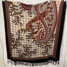 Dana Xu Wool Pashmina Floral Patterned Scarf 96x43 Shawl Black Red Tan Wrap