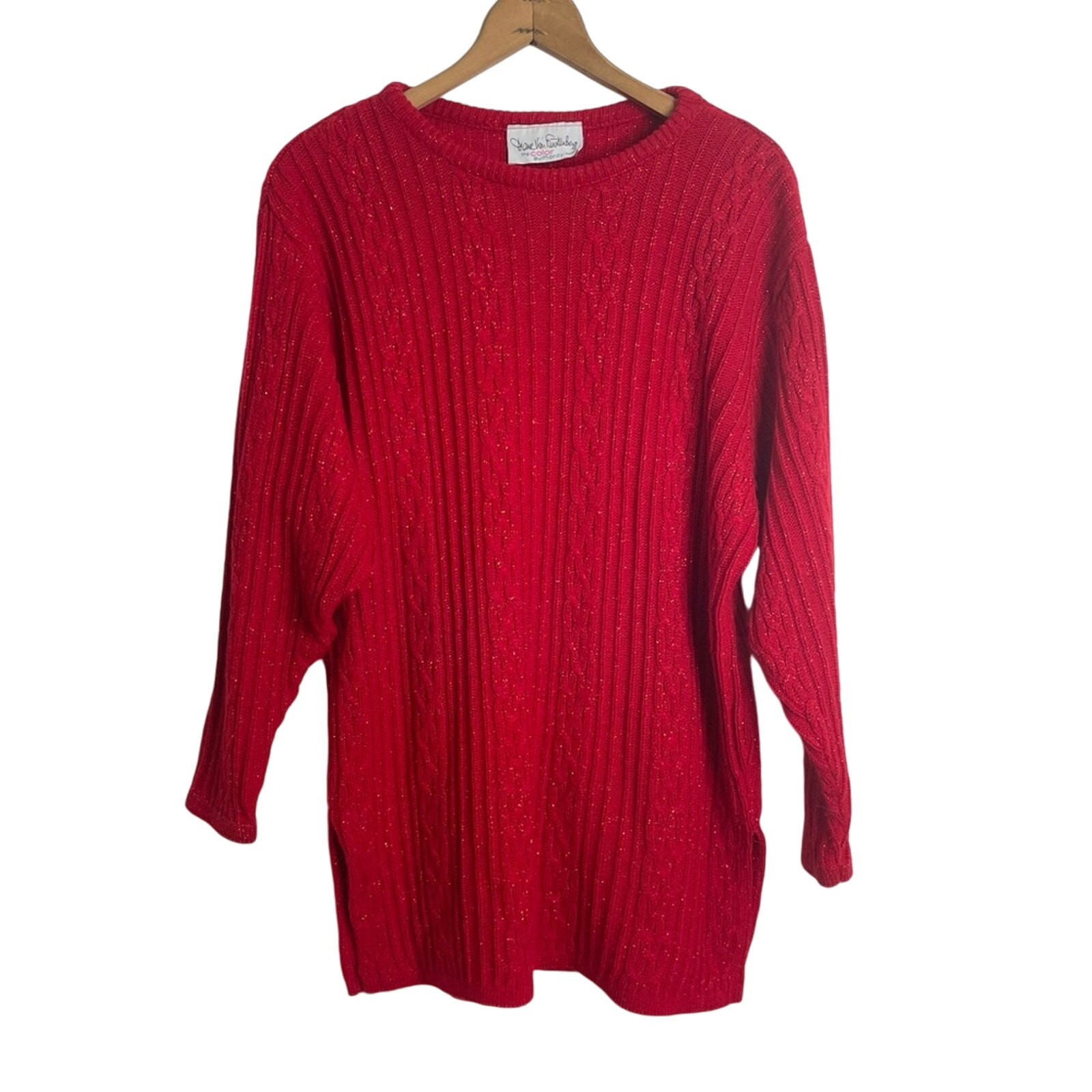 Vintage Diane Von Furstenberg Sz M Red Metallic Cable Knit Casual Winter Sweater