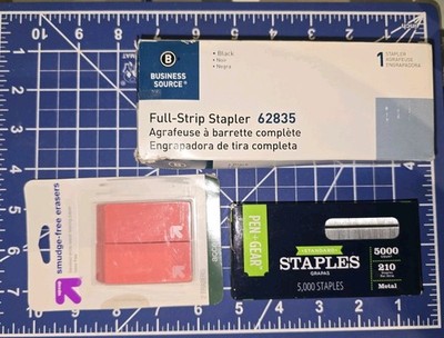 Lot of 3 ~ Business Source 62835 Stapler, 5k Staples, & 2 Smuge Free Erasers