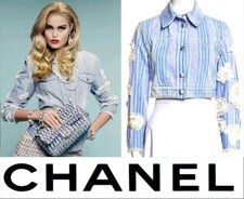 Chanel 2018 Blue Stripe Denim Short Jacket 34 36 2 4 White 3D Flower Logo Coat S