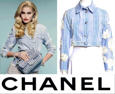 Chanel 2018 Blue Stripe Denim Short Jacket 34 36 2 4 Coat Logo White 3D Flower S