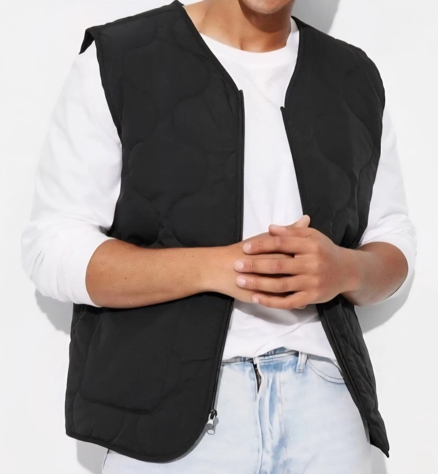 Quilted Black Vest W Pockets Original Use Men Size L Full Zip-Up Lightly Padded